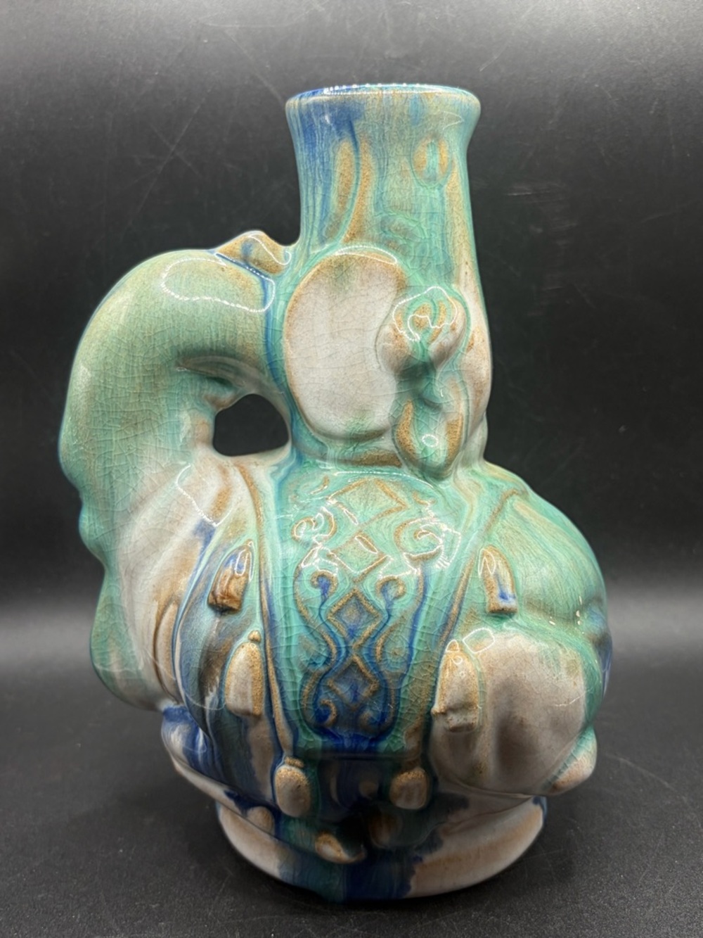 Vintage Trademarked Handmade Drip Glaze Majolica Pottery Elephant Jug Vase Decor